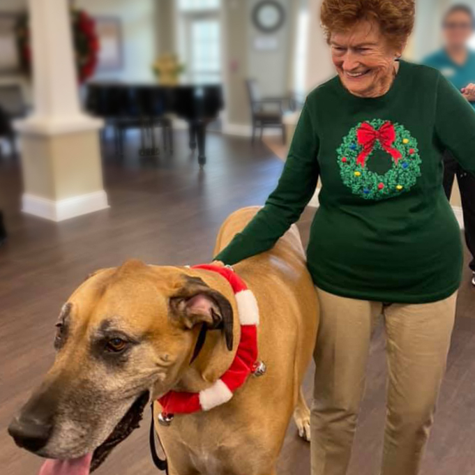 Fairview Park senior living resident with therapy dog smiling in Simpsonville, SC
