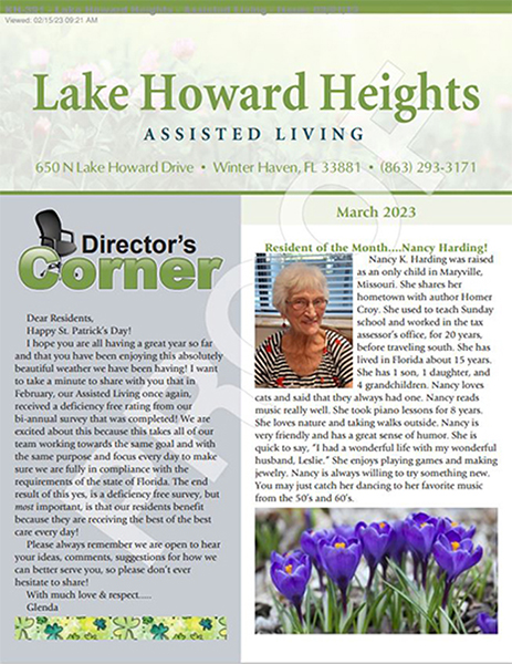 Assisted Living Newsletter March Lake Howard Heights