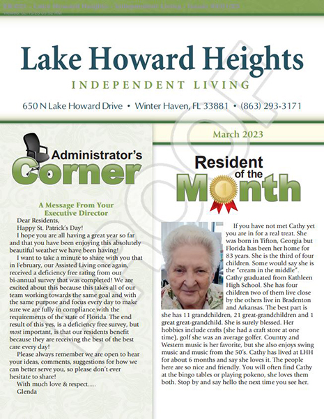 Independent Living Newsletter March Lake Howard Heights