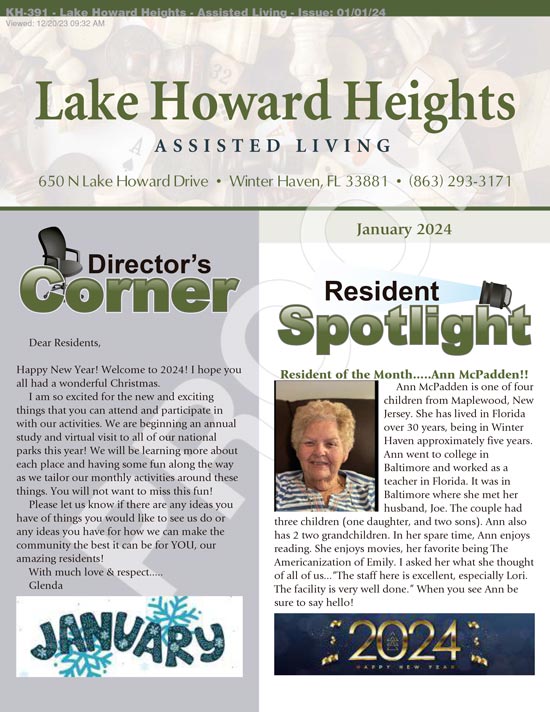 Assisted Living Newsletter January 2024 | Lake Howard Heights