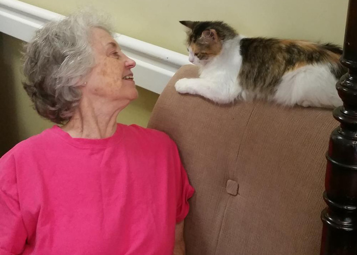 Madison Heights at The Prado | Memory care resident looking at cat at Madison Heights at The Prado in Macon, GA