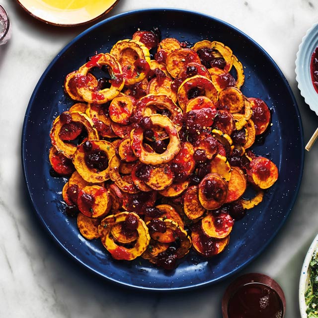 Roasted Squash and Sweet Potatoes with Cranberry Sauce