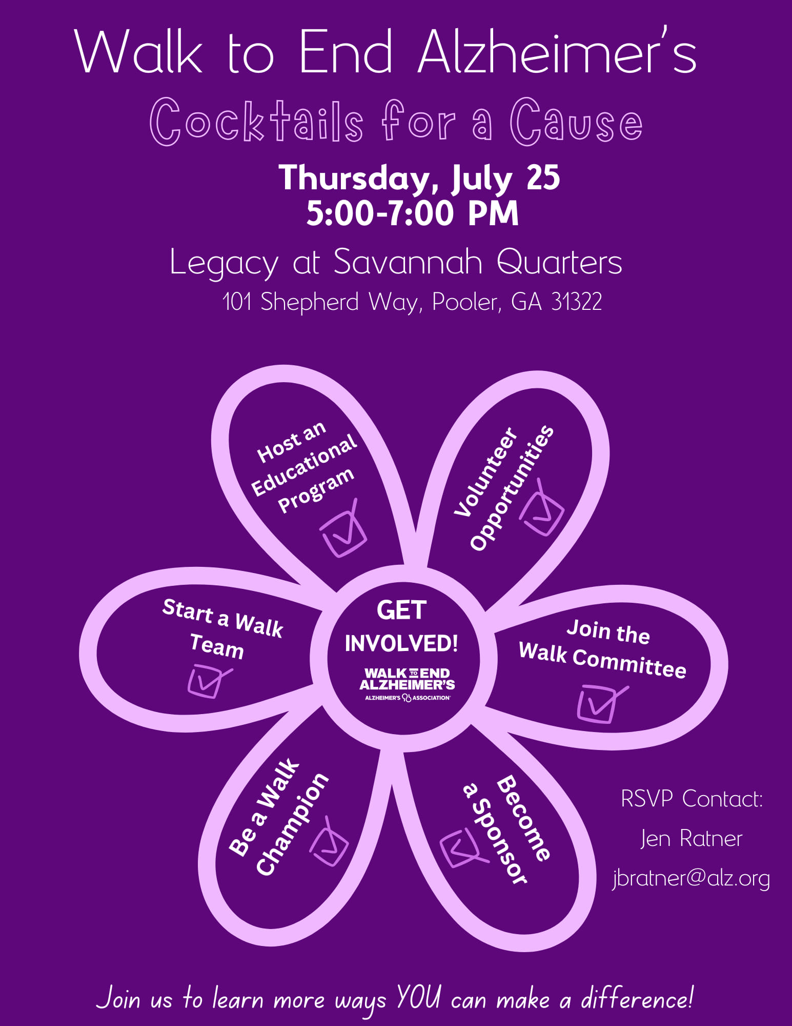 POOLER, GA—Legacy at Savannah Quarters is shaking things up for a good cause. The senior living community is hosting a “Cocktails for a Cause” event on July 25 from 5 to 7 p.m. to support the Coastal Georgia Walk to End Alzheimer’s. Guests are invited to sip, socialize, and make a difference.

Event details:
•	Date: Thursday, July 25, 2024
•	Time: 5–7 p.m.
•	Location: Legacy at Savannah Quarters, 101 Shepherd Way Pooler GA 31322

Attendees can enjoy complimentary cocktails while mingling with fellow community members and learning about the Alzheimer’s Association’s impact on the local community. The event will also feature Alzheimer’s Association resources and a chance to sign up for the November 9th Walk to End Alzheimer’s. 

“We’re excited to raise a glass for such an important cause,” said Marcus Brisco, Executive Director of Legacy at Savannah Quarters. “Alzheimer’s touches countless lives, and everyone at Legacy at Savannah Quarters is committed to being part of the solution.”

The local media are invited to attend the event and highlight the community’s efforts to support the Alzheimer’s Association. For more information about Legacy at Savannah Quarters, please visit their website.
