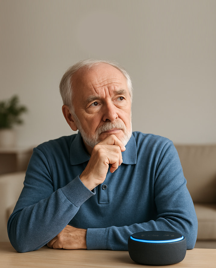 Senior thinking with Alexa device at side
